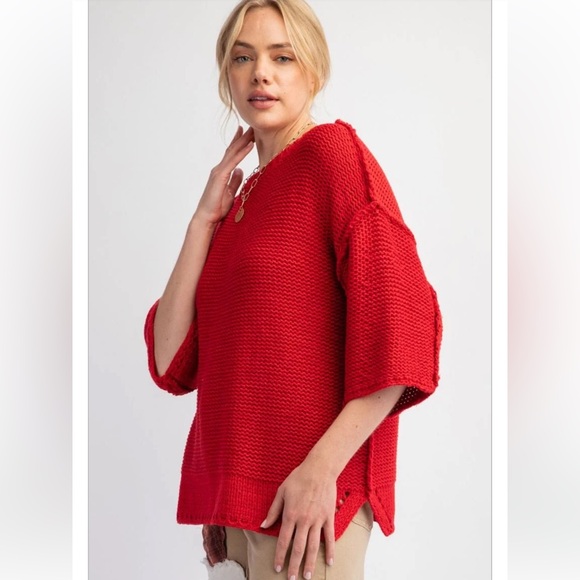 Easel Vibrant Scarlet Red Oversized Exposed Seam Round Neck Sweater - Picture 1 of 13